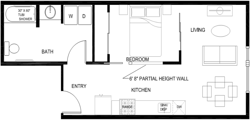 Floor plan for 1 bed, 1 bath, 535 sqft